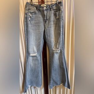 Mica Distressed Light Blue Mid Rise Detail Flare Hem Size 30